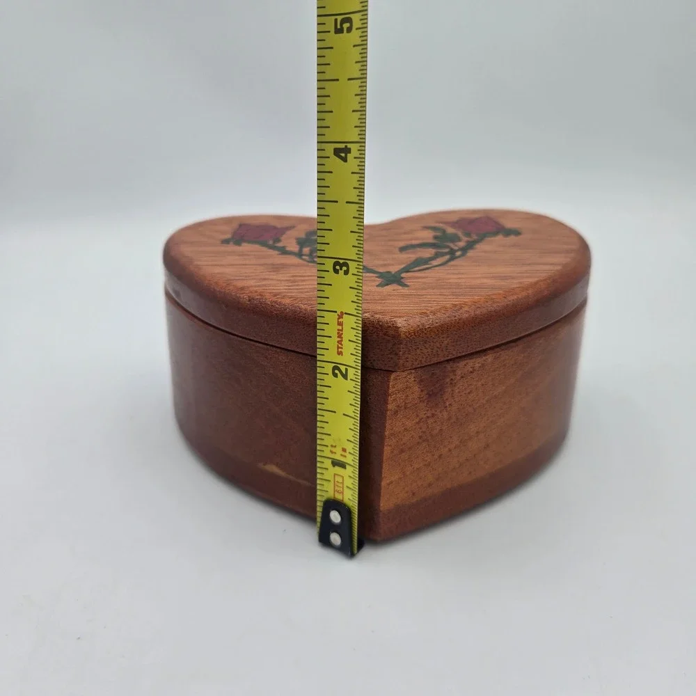 Vintage Handmade Heart Shaped Wood Trinket Box Rose Details Felt Lined Cottage